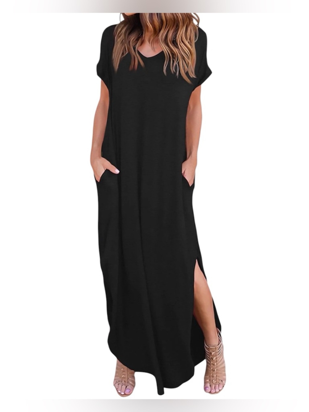 Verdusa Everyday V Neck Short Sleeve Pocket Double Side Split Maxi Dress - XL
